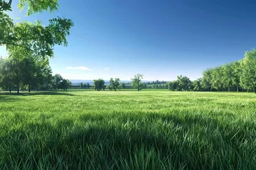 Fototapeten lush green meadow under clear blue sky idyllic 3d landscape rendering © furyon