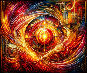 Abstract swirling fractal background of crimson and gold colors.