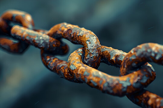 A chain link is shown in a close up. The chain is rusted and has a worn appearance. Concept of decay and abandonment. Generative AI