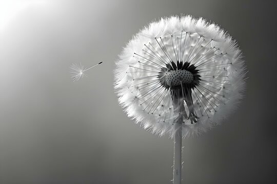 Serenity in Simplicity: Lone Dandelion Seed's Flight. Concept Nature Photography, Macro Shots, Botanical Beauty, Simple Elegance, Tranquil Moments