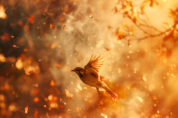 Fototapeta premium A bird is flying through a field of orange leaves. The leaves are falling from the trees, creating a beautiful and serene scene. Generative AI