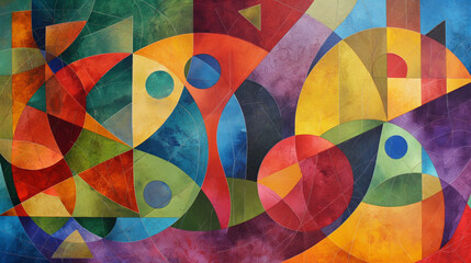 Triangles, squares, and circles swirl and twirl, their vibrant colors blending and melding together in a harmonious symphony of shapes