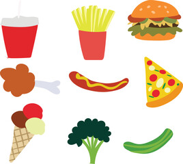 set icons junk food, fruit, vegetables, and meat