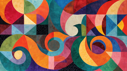 Obraz premium Triangles, squares, and circles swirl and twirl, their vibrant colors blending and melding together in a harmonious symphony of shapes