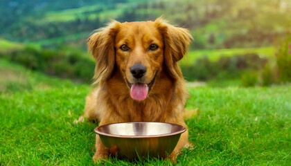 golden is holding a bowl on the grass background.