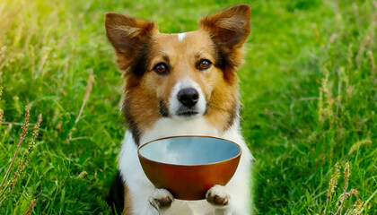 A dog is holding a bowl on the grass background.