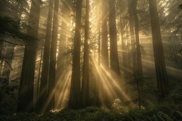 majestic redwood forest shrouded in ethereal fog sunrays piercing through mist atmospheric landscape photography