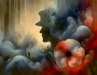 Abstract background with solitary figure and a poppy blossom from muted tones and gradients. Memorial Day concept.