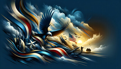 Abstract illustration depicts a United States flag colors and a eagle. Memorial Day concept.