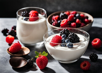 A  creamy yogurt topped with a vibrant assortment of fresh berries.