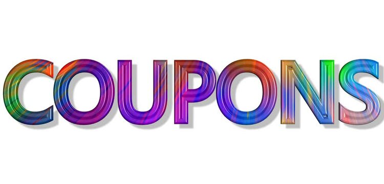 Testo 3D: "COUPONS" multicolore che ruota con sfondo bianco 