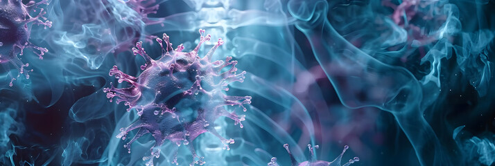 Illustrative pseudo xray of virus cells causing respiratory illness highlighting medical diagnosis through imaging. Concept Medical Illustration, Respiratory Disease, Virus Cells, X-Ray Imaging