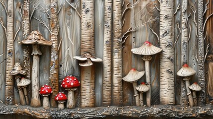 Fairytale background with magic forest, trees, mushroom, illustration for children book, AI generated