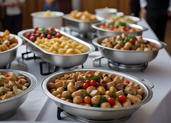 Catering buffet food with heated trays ready for service
 - obrazy, fototapety, plakaty