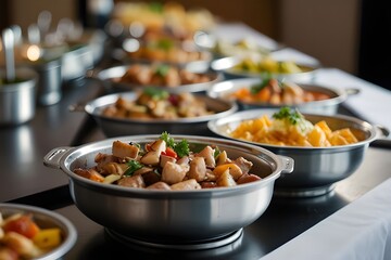 Catering buffet food with heated trays ready for service
