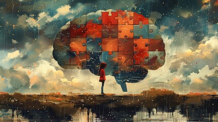 Surreal Puzzle Brain and Reflective Figure Cognitive Skill Puzzle Challenge - obrazy, fototapety, plakaty