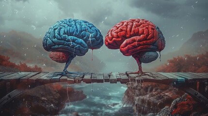 Conceptual Bridge Connecting Two Brains - obrazy, fototapety, plakaty