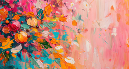 Whimsical Floral Cascade: Abstract Impasto Painting with Lush Orange Blossoms on Pink Canvas