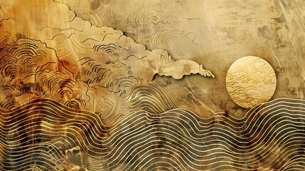 Abstract background in retro Japanese engraving style, stylized oriental traditional landscape with sunset and sea waves, AI generated