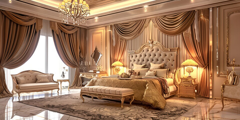 Stunning depiction of a opulent bedroom in Luxury bedroom in light colors with golden furniture details Big comfortable double royal bed in elegant classic interior.