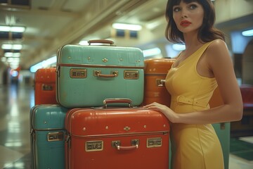 Lady in yellow dress by luggage, ready for travel adventure
