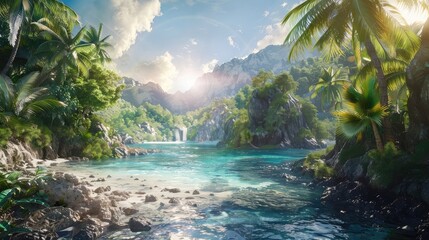 A lush tropical island in a video game, with sandy beaches and exotic wildlife, - obrazy, fototapety, plakaty