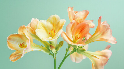 A cluster of freesia flowers in soft pastel tones