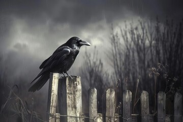Fototapeta premium ominous raven perched on old wooden fence mysterious dark atmosphere realistic digital painting
