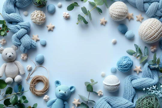 Simple soft white background with copy space with small amount of baby accesories only at the corners and edges of image. White knitted toys and leaves in a circle on azure background