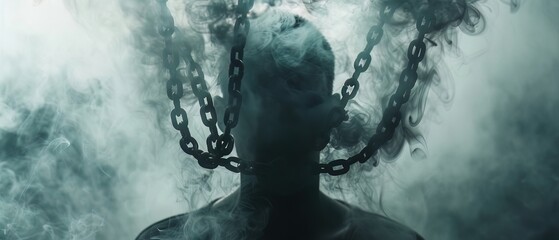 A shadowy figure with smoke chains, representing nicotine addictions grip on the body