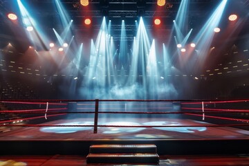 A sports arena with a spotlighted ring ready for a boxing match, setting a dramatic scene for a sports event banner