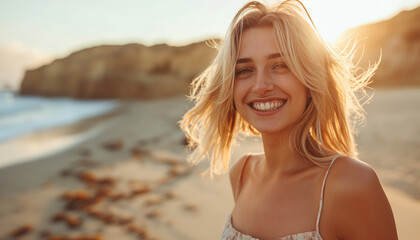 Careless young blond woman on the beach during sunset.