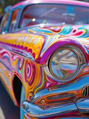 A vintage car show where the vehicles are painted in psychedelic patterns and vibrant colors - obrazy, fototapety, plakaty