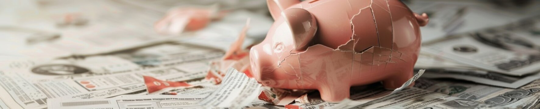 A somber image of a broken piggy bank on top of financial newspapers with headlines about market crashes, representing economic downturn