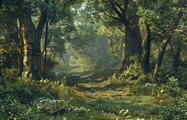 An artistic rendering of Sherwood's dense undergrowth, serving as the perfect hideout for Robin Hood's ambushes - obrazy, fototapety, plakaty