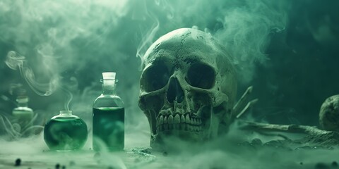 An eerie scene featuring a skull with green potion vials and misty smoke in the background, evoking a sense of danger and mystery - obrazy, fototapety, plakaty