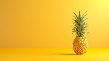 A 3D rendering of a pineapple on a yellow background. The pineapple is in focus and has a realistic texture.