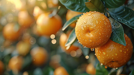 "Golden Droplets on Oranges"
A close-up of succulent oranges, heavy with glistening droplets, highlights the lushness of an orchard at dawn.