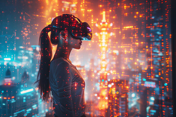A Girl's Odyssey in the VR World, Futuristic city night, VR Headset - Generative AI