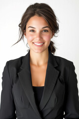 Portrait of confident and successful caucasian businesswoman wearing black formal outfit stands in front of white background.