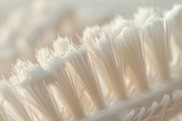 Close-up of white toothbrush bristles, focusing on texture details, soft lighting, clear and detailed view of individual bristles - obrazy, fototapety, plakaty