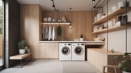Laundry room interior with wooden walls, tiled floor, white washing machine and wooden cupboards. 3d rendering