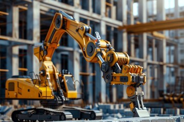 Construction robot in 3D, operating heavy machinery at a building site, its hydraulic limbs lifting and assembling with precision - obrazy, fototapety, plakaty