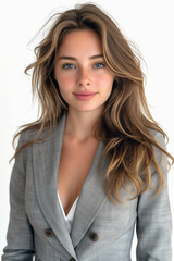 Portrait young caucasian businesswoman with long hair wearing gray suit jacket stands against white background and looking at camera.