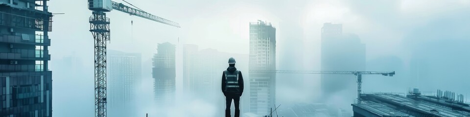 Construction overseer contemplates the rise of a concrete jungle in mist - obrazy, fototapety, plakaty