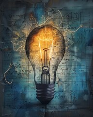 Creativity unleashed with a glowing light bulb amidst sketches of innovation - obrazy, fototapety, plakaty