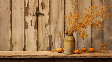 Autumn still life with pumpkins and dry flowers on rustic wooden background - Powered by Adobe
