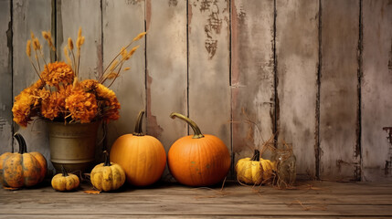 Autumn still life with pumpkins and dried flowers on wooden background