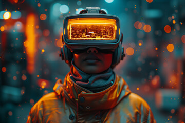 The woman wearing VR glasses has a Landscape of the city in her glasses,  Futuristic technology - Generative AI