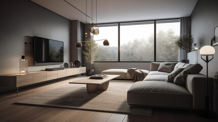 Interior of modern living room with gray walls, wooden floor, panoramic window and comfortable sofa. 3d rendering
